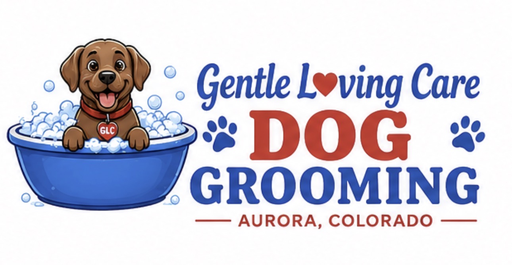 Gentle Loving Care Dog Grooming logo featuring a chocolate Labrador puppy in a blue bath tub with a heart in place of the o in Loving and the location Aurora, Colorado